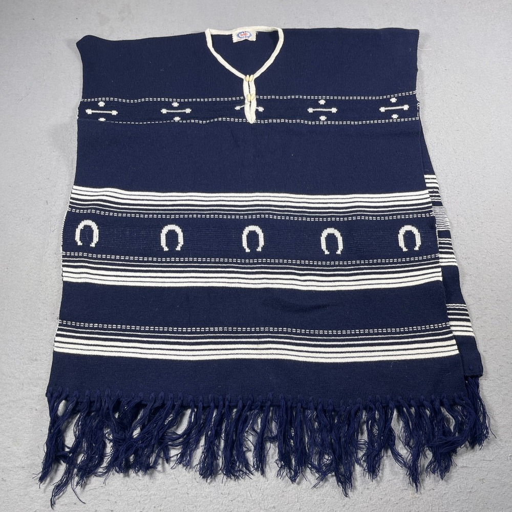 Leclerc Mexican Poncho Blue White‎ Horseshoe Knit Fringe Boho Festival Wear